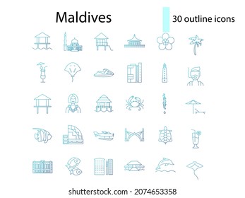 Maldives attributes outline icons set. Tropical resort guide. Blue gradient symbols collection. Isolated vector stock illustration