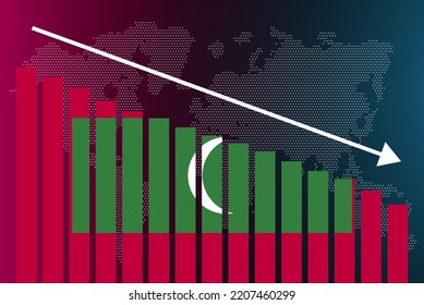 Maldives bar chart graph, decreasing values, crisis and downgrade concept, Maldives flag on bar graph, down arrow on data, news banner idea, fail and decrease, financial statistic