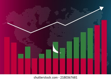 Maldives bar chart graph with ups and downs, increasing values, Maldives country flag on bar graph, upward rising arrow on data, news banner idea, developing country concept
