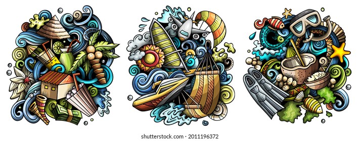 Maldives cartoon vector doodle designs set. Colorful detailed compositions with lot of Exotic island objects and symbols. Isolated on white illustrations