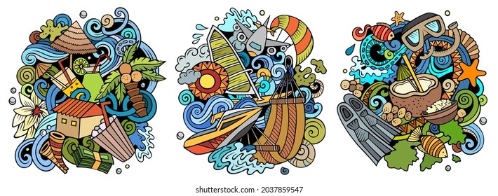 Maldives cartoon vector doodle designs set. Colorful detailed compositions with lot of Exotic island objects and symbols. Isolated on white illustrations