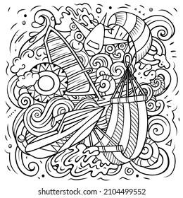 Maldives cartoon vector doodle illustration. Sketchy detailed composition with lot of Exotic island objects and symbols.