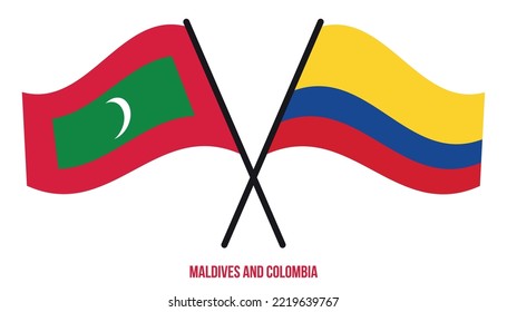 Maldives and Colombia Flags Crossed And Waving Flat Style. Official Proportion. Correct Colors.