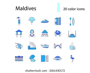 Maldives culture outline icons set. Tourism concept. Tropical resort. Famous water bungalows. Jet ski and Male architecture. Coral island. Color filled symbols collection. Isolated vector illustration