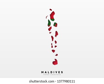 Maldives detailed map with flag of country. Painted in watercolor paint colors in the national flag.
