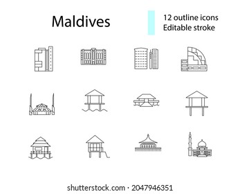 Maldives famous buildings outline icons set. Maldives country sightseeing. Capital Male. Customizable linear contour symbols collection. Editable stroke. Isolated vector stock illustration