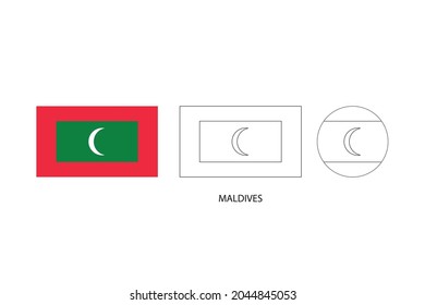 Maldives flag 3 versions, Vector illustration, Thin black line of rectangle and the circle on white background.