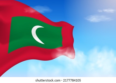 Maldives flag in the clouds. Vector flag waving in the sky. National day realistic flag illustration. Blue sky vector.