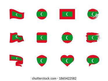 Maldives flag - flat collection. Flags of different shaped twelve flat icons. Vector illustration set