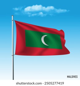 Maldives flag flying on blue sky, vector illustration.