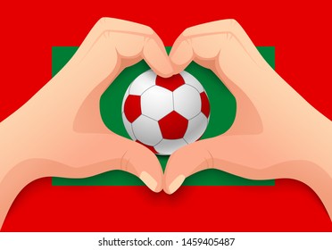 Maldives flag and hand heart shape. National football background. Soccer ball with flag of Maldives vector illustration
