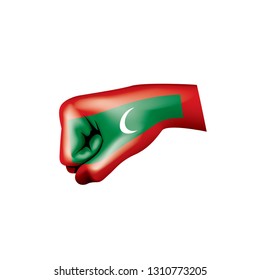 Maldives flag and hand on white background. Vector illustration