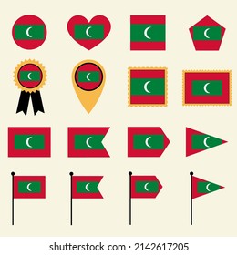 Maldives flag icon set in 16 shape versions. Collection of Maldives flag icons with square, circle, heart, triangle, medal, stamp and location shapes.