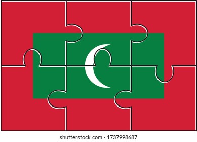 Maldives Flag Jigsaw Puzzle. Vector illustration. 6 pieces of puzzles. Simple puzzles for kids.