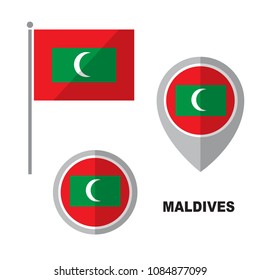 Maldives flag and map pointer isolated on white background. Republic of Maldives national symbol. Vector flat design collection.
