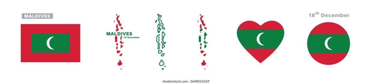 maldives flag and map set. maldives flag in official colors and proportions. independence day 16 december , map, circle and heart shaped maldives