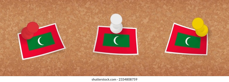 Maldives flag pinned in cork board, three versions of Maldives flag. Vector pushpins and flag set.