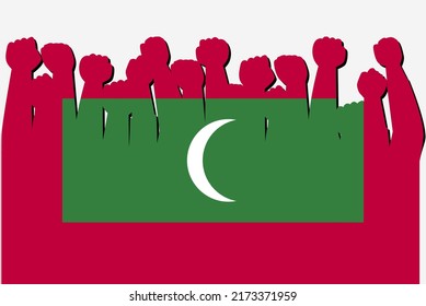 Bandera de Maldivas con las manos levantadas, vector de la protesta, logo de la bandera del país, Maldivas protestando por el concepto, diseño plano, contra la idea