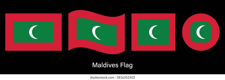 Maldives Flag Set with Waving, Circle and Rectangle Shapes Vector Illustration
