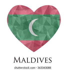 Maldives flag shape heart in geometric rumpled triangular low poly origami style graphic illustration,mosaic polygonal style.Symbol of love to country.Retro or vintage style background.