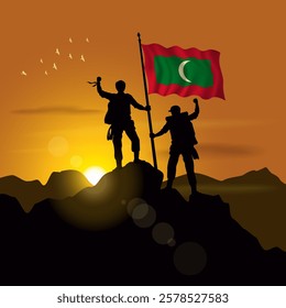 Maldives flag, silhouette of two climbers holding flags at sunset