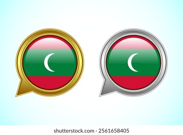 Maldives flag speech bubble. Speaking flag icon in gold and silver color