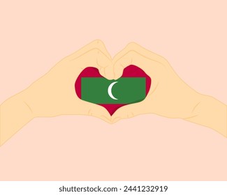Bandera de Maldivas con forma de corazón de dos manos, expresar amor o afecto concepto, apoyar o donar a Maldivas, signo de amor de corazón de mano, diseño vectorial, patriotismo y nacionalismo idea