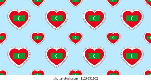 Maldives flags background. Vector stickers. Maldivian flag seamless pattern.Love hearts symbol. Good choice for travel company,touristic, sports pages, geographic design elements. patriotic wallpaper