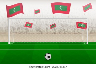 Maldives football team fans with flags of Maldives cheering on stadium, penalty kick concept in a soccer match. Sports vector illustration.