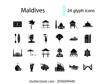 Maldives glyph icons set. Tropical attributes, travel guide. Beach resort. Country attraction. Black filled symbols collection. Isolated vector stock illustration