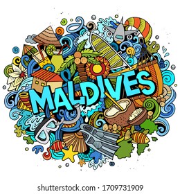 Maldives hand drawn cartoon doodles illustration. Funny travel design. Creative art vector background. Handwritten text with exotic island elements and objects. Colorful composition