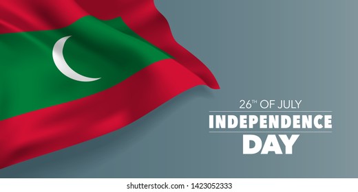 Maldives happy independence day greeting card, banner with template text vector illustration. Maldivian memorial holiday 26th of July design element with flag with crescent 