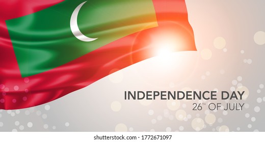 Maldives happy independence day vector banner, greeting card. Maldivian realistic wavy flag in 26th of July national patriotic holiday horizontal design