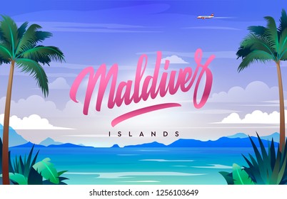 The Maldives iceland handwriting, background with small island, sandy beach, palms and the ocean. Vector illustration.