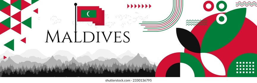 Maldives Independence Day abstract banner design with flag and map. Flag color theme geometric pattern retro modern Illustration design. Red and Green flag color template.