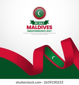 Maldives independence day greeting card, square banner background with warving ribbon flag