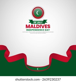 Maldives independence day greeting card, square banner background with warving ribbon flag