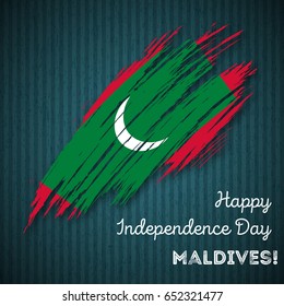 Maldives Independence Day Patriotic Design. Expressive Brush Stroke in National Flag Colors on dark striped background. Happy Independence Day Maldives Vector Greeting Card.