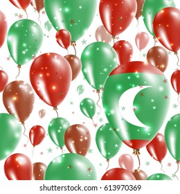 Maldives Independence Day Seamless Pattern. Flying Rubber Balloons in Colors of the Maldivan Flag. Happy Maldives Day Patriotic Card with Balloons, Stars and Sparkles.