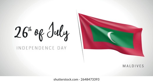 Maldives independence day vector banner, greeting card. Maldivian wavy flag in 26th of July patriotic holiday horizontal design with realistic flag