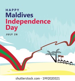 Maldives independence day vector illustration with a long and wavy flag, beach scenery, overwater bungalows, and smaller national flags.