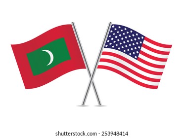 Maldives islands and America crossed flags. Maldivian islands and American flags on white background. Vector illustration. 