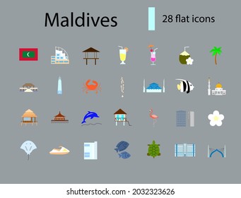 Maldives islands attractions flat icons set. Tropical resort. Capital Male. Coral islands. Water bungalow and marine life. Color filled symbols collection. Isolated vector stock illustration