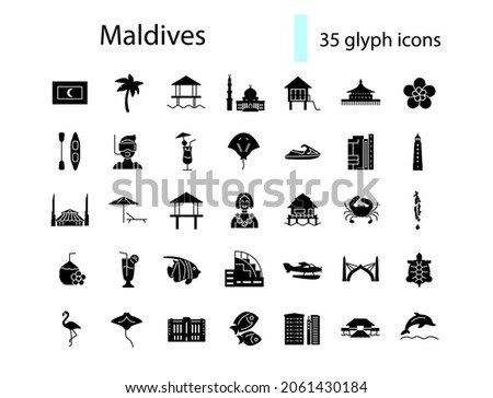 Maldives islands attractions glyph icons set. Tropical resort. Water bungalow, palm. Marine life. Black filled symbols collection. Isolated vector stock illustration