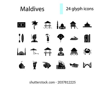 Maldives islands glyph icons set. Famous sightseeings. Jet ski and flag. Tropical resort. Capital Male. Black filled symbols collection. Isolated vector stock illustration