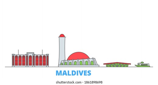Maldives line cityscape, flat vector. Travel city landmark, oultine illustration, line world icons