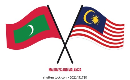 Maldives and Malaysia Flags Crossed And Waving Flat Style. Official Proportion. Correct Colors.
