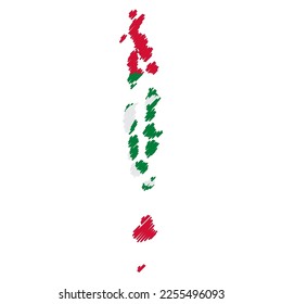 Maldives map color hand drawn sketch. Vector concept illustration flag, scribble map. Country map for infographic, brochures and presentations isolated on white background. Vector illustration.