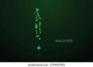 Maldives Map - Digital dotted map with glowing green points on dark background, modern technology style, abstract data network design, clean minimal geometric vector illustration.