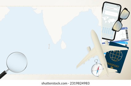 Maldives map and flag, cargo plane on the detailed map of Maldives with flag, passport, magnifying glass and airplane. Vector template.